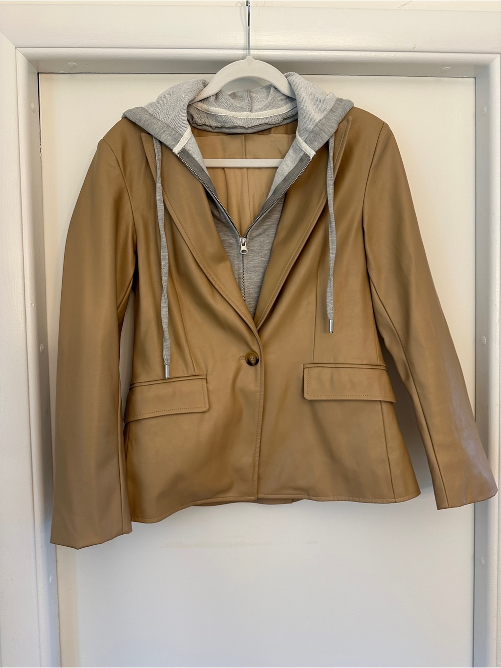 Evereve Tan Faux Leather Blazer with Gray Hooded Insert
